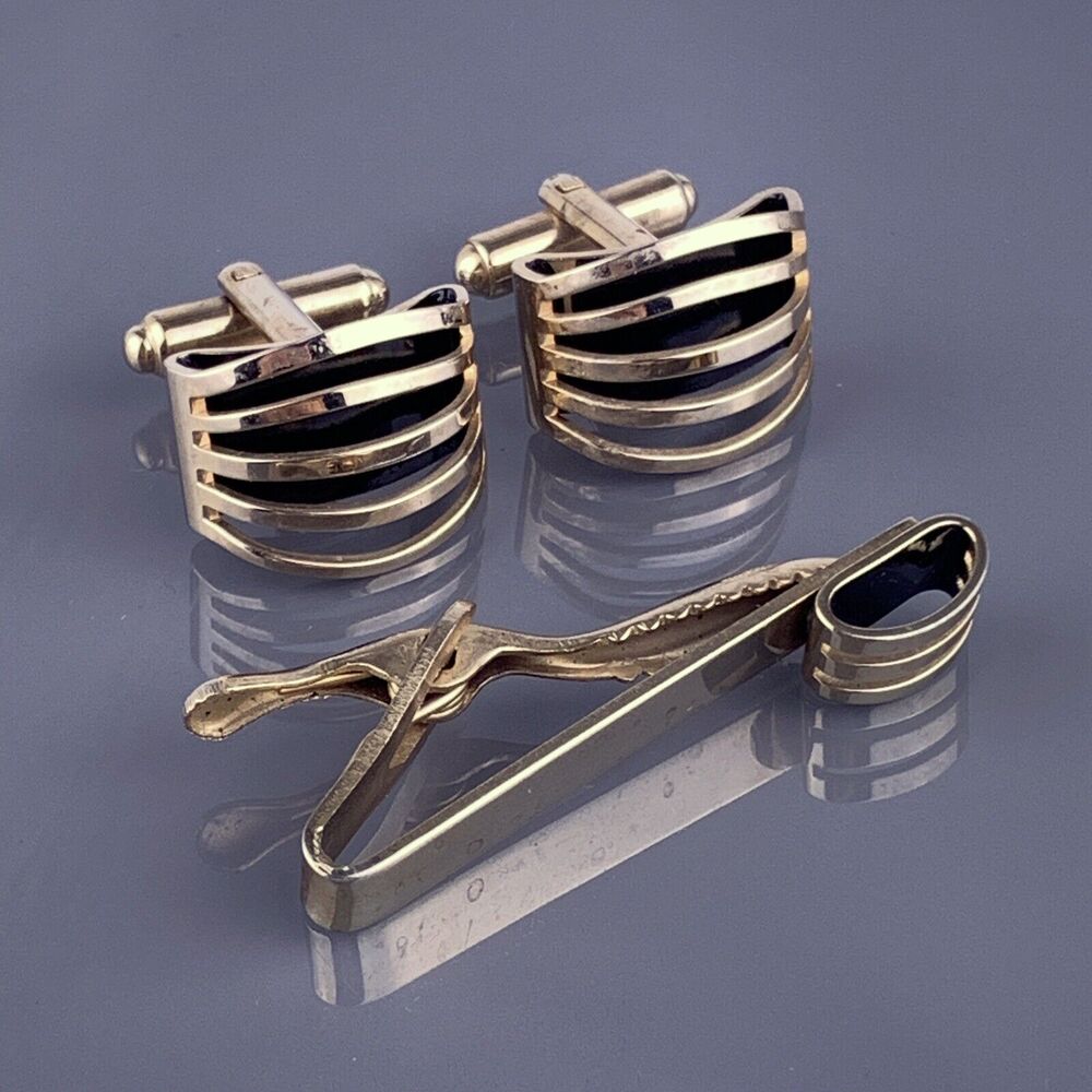 Modernist Banded Cufflinks Tie Clip Gold Tone Open Frame Mid Century Vintage
